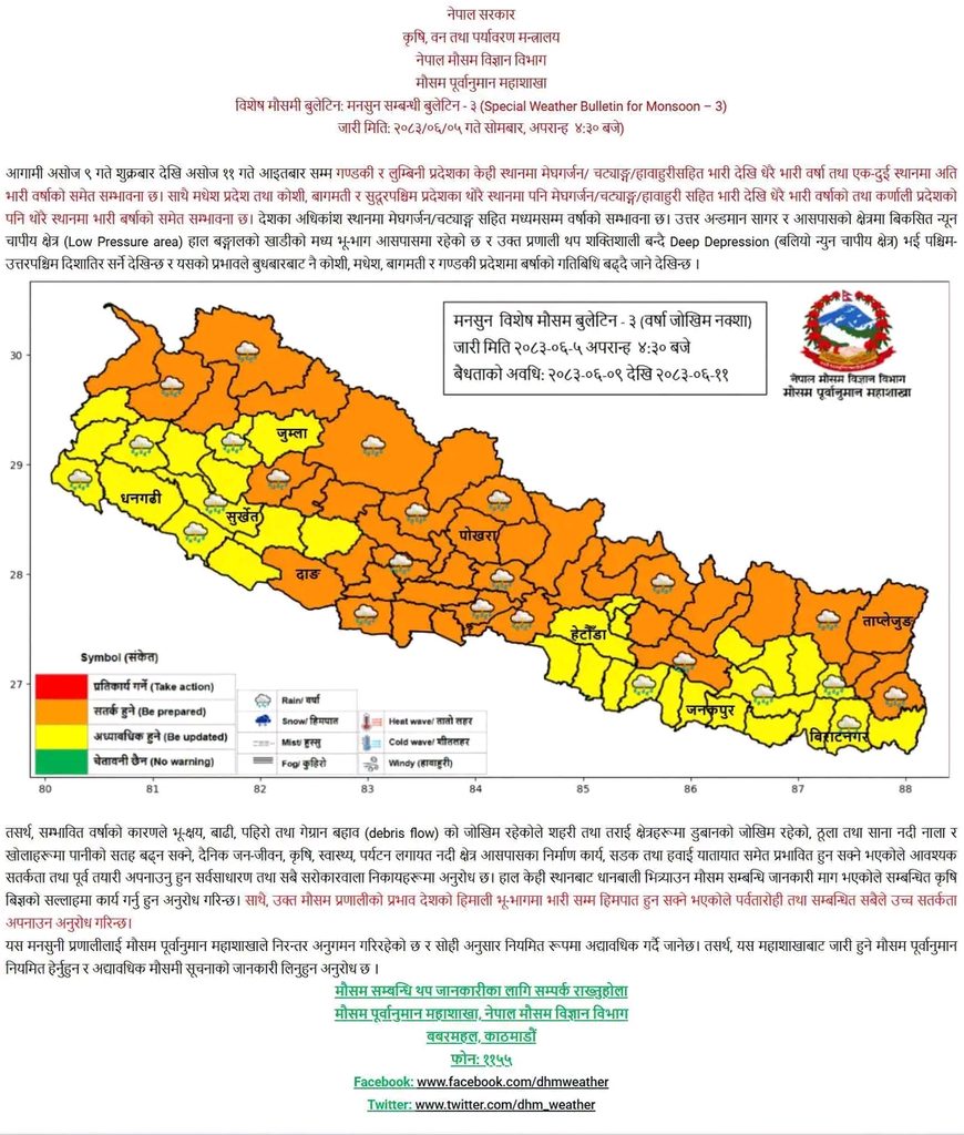 असोज ९ देखि ११ गतेसम्म मेघगर्जन, चट्याङ र हावाहुरीसहित भारी वर्षा हुनसक्ने असोज ९ देखि ११ गतेसम्म मेघगर्जन, चट्याङ र हावाहुरीसहित भारी वर्षा हुनसक्ने